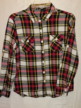 Planet Gold Men's Plaid Button-Down Shirt in Black, Red, White & Yellow #2528